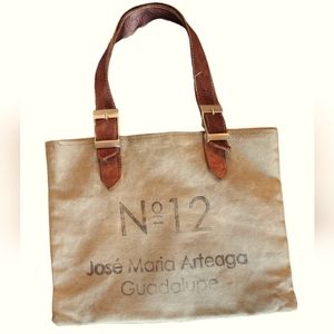 Vintage Canvas Leather Tote Bag  Silver Buckles Lined Interior Green Brown BOHO